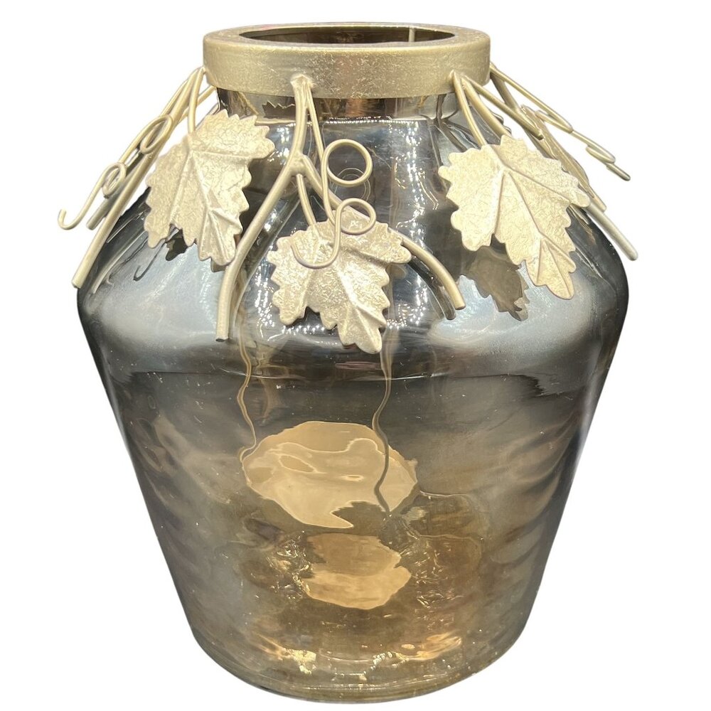 Large Glass Vase Gold Metal Leaf Hurricane Candle Holder Home Decor Holidays